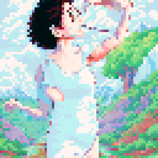 A playful dog frolicking in a vibrant, pixelated meadow with a towering, technicolor mountain range in the distance, all against a sunny, sRGB sky