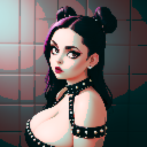 curvy, busty goth babe with studded collar. Hair in buns. Aroused Nude big titty goth, in a close up nude glamour shot. Wearing Halter top. modern tile backsplash.