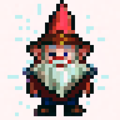 32x32 pixel art gnome with a red pointy hat and large white beard, depicted in a close-up portrait style, completing various actions like standing, running, jumping, and spinning, all as sprites for a game.