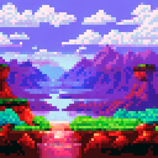 Mars, red and barren, with towering rocky mountains, a pixelated landscape stretching into the distance, all bathed in the vibrant colors of an sRGB palette