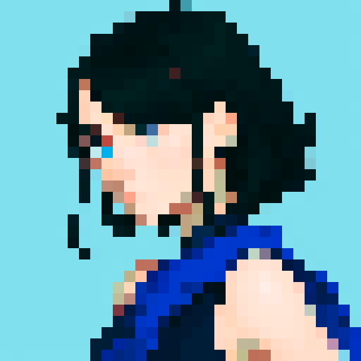 western style, portrait avatar, woman with shoulder length dark hair, looking at the camera, blue palette, close up
