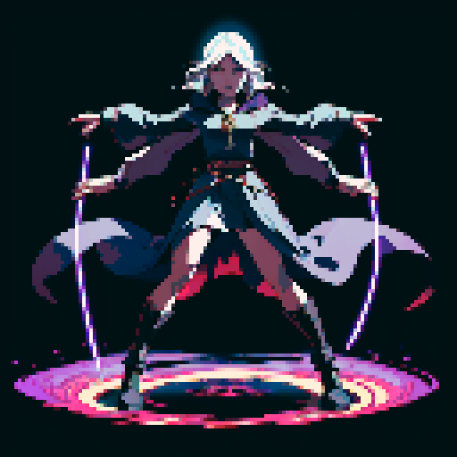 full-body image, sorceress facing right, sorceress ready to fight, evil sorceress, floating, arms out, magic circles, magic power, spell, evil sorceress, evil witch, magic symbols, ultimecia, final fantasy, sRGB, pixel art, evil outfit