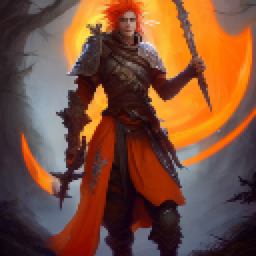 Orange-haired warrior portrait, wielding a glowing sword amidst a mystical forest, with dragons and magic runes in the background.