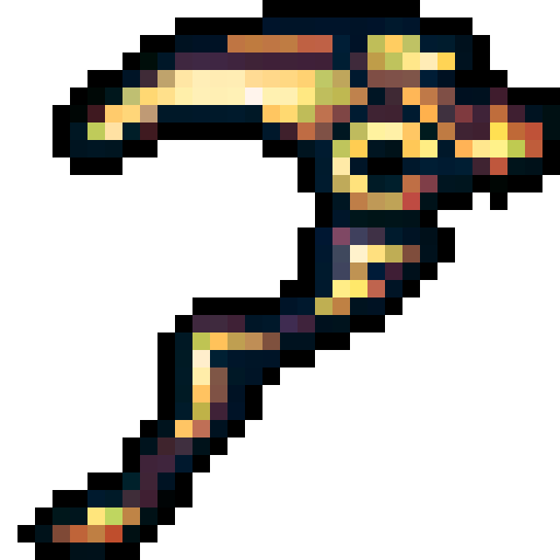 Scythe, black and gold, glowing, modern style, 32x, fantasy RPG-inspired