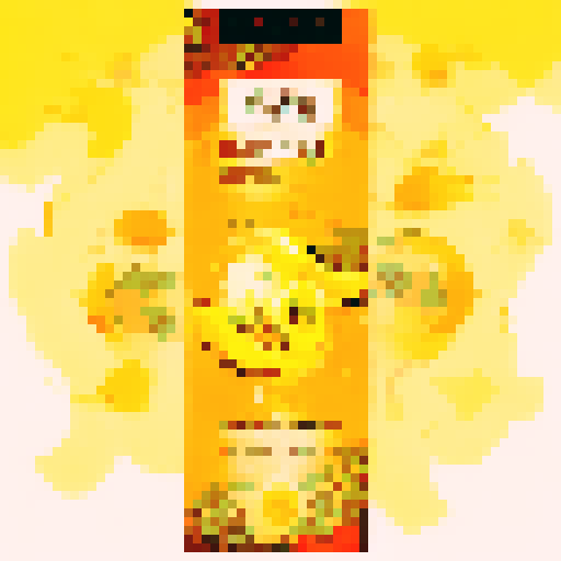 Close-up anime-style pixel art portrait of a juicy, ripe mango exploding into a vibrant splash of golden yellow and orange, with droplets of sweet nectar and pulp flying through the air.