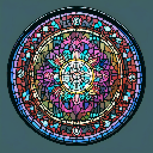 I want a beautiful circular stained glass window in all the colors of the rainbow. It should be simple, having no more than 10 glass segments total. I want this object usable an asset in a videogame, meaning only one object per image, outlined with a strong black stroke, on a solid-color background.