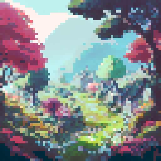 lush green trees, vibrant foliage, detailed pixelated landscape, intricate castle architecture, moss-covered stones, majestic turrets, sun rays filtering through leaves, medieval charm, pixelated skies, vibrant pixel art details, enchanting forest setting