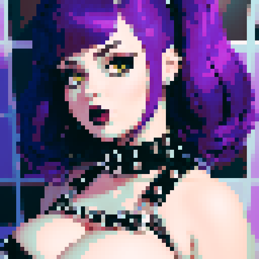 curvy, busty goth babe with studded collar. Full head portrait. big titty goth, in a close up glamour shot. Wearing Halter top. modern tile backsplash.