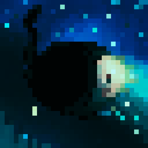 barreleye fish, deep underwater tones, starry night sky, skillfully depicted, vibrant colors, pixelated art, 32x32 game icon