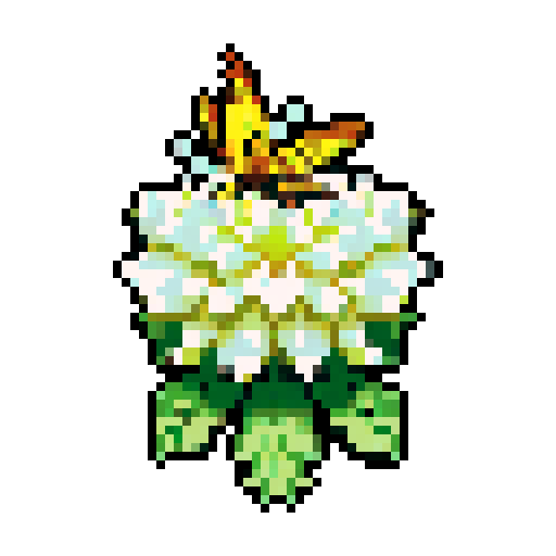 A beautiful, flower-adorned creature with vibrant petals, delicate wings, and a graceful appearance. It emits a faint floral fragrance and has a serene expression. No background.
