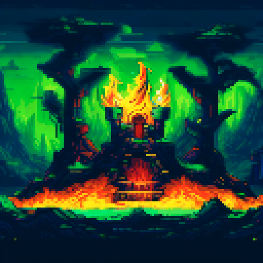 Cave with dark stalagmites on the top and bottom and a central shrine area flanked by fiery torches with a platform in the center. Below the platform in the center of the piece is a pile of treasure and gold and loot.