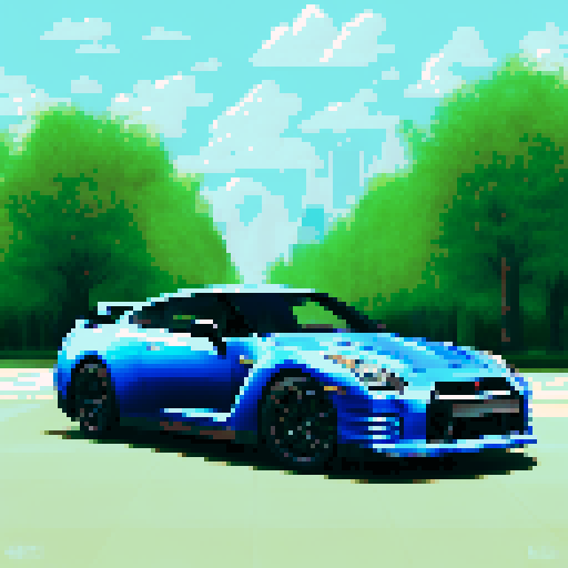 Photorealistic whole Nissan GT-R, three-quarter view, right front wheel, clean background, sRGB colors, pixel art style
