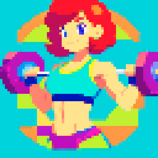 woman in vibrant, energetic gym attire, lifting weights with determination, surrounded by a retro-inspired pixel art background, showcasing a vivid sRGB color palette