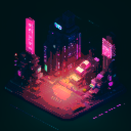 isometric 3D perspective, anime girl hovering in street, Japanese cyberpunk, neon lights, futuristic cityscape, dark colors, pixel art
