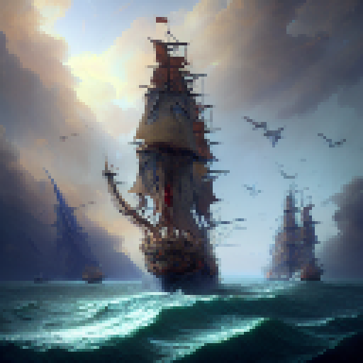 "Dutch-inspired, Baroque style, with bold colors and intricate details. A towering mast, billowing sails, and rusted chains adorn the vessel as it cuts through churning waves, while ornate carvings and gilded accents catch the eye." viewed from the side.