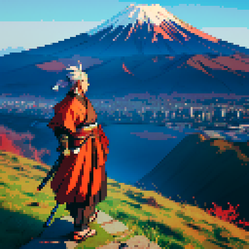Japanese samurai, on top of mountain wih view of a shrine and Mt Fuji in the background.