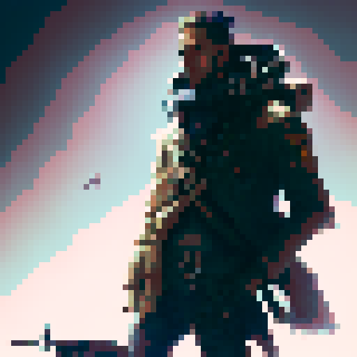 Steampunk hunter dressed with long coat with rifle on back and pistol on hand viewed from top down perspective