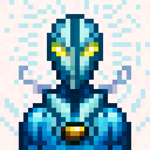 armoured warrior, futuristic pistol, game icon, 32x32 pixel art, sRGB, skill art, close up, portrait, shining metallic plating, glowing energy core, intricate etchings, intense gaze, powerful stance, dynamic lighting