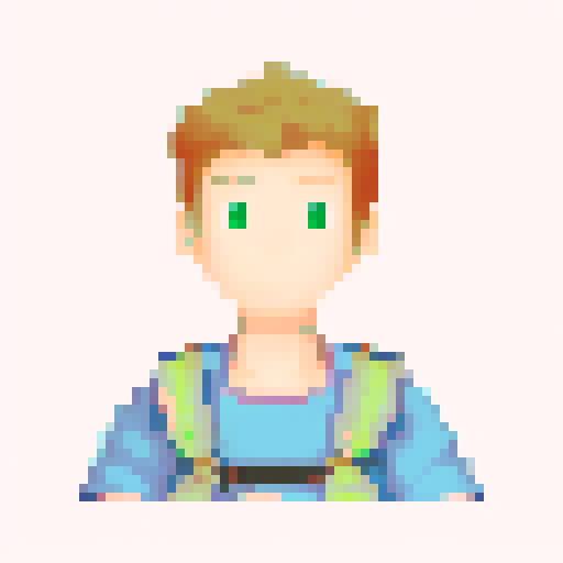 A single sprite of a young boy with a backpack on, pixel art, facing the camera, with a plain expression, on a plain background. His eyes are blue and his hair is brown. His backpack is red. He's wearing green hiking pants with brown shoes. 