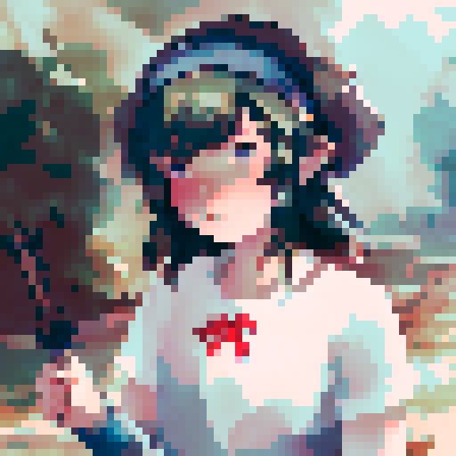 Profile picture, a young girl, rounded face, blue eyes, short black hair, white shirt, beige hat, red neck ribbon, holding an incense stick, dark night time in the forest background, midnight, dark forest