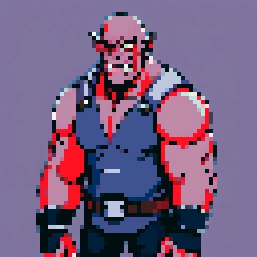 male orc, bald, red eyes, large muscles, angry, shoulders up, pixel art
