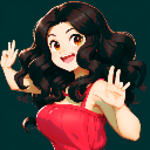 cute female, luscious wavy black long hair, brown eyes, bright smile, fair skinned, cheerful disposition, pixel art, sRGB, vibrant background, playful expressions, dynamic poses, animated gestures