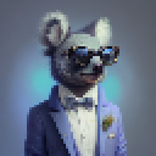 "Whimsical, cartoonish illustration of a dapper koala sporting blue spectacles and a debonair bow-tie against a pristine white backdrop, with fuzzy fur and oversized ears giving the image a charmingly quirky touch."