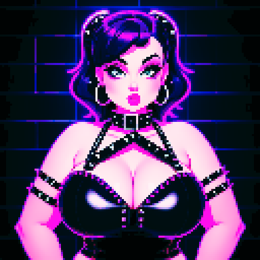 curvy, busty goth girl with studded collar. Wearing Halter top. Pin-up style pose. Neon lighting, modern tile backsplash