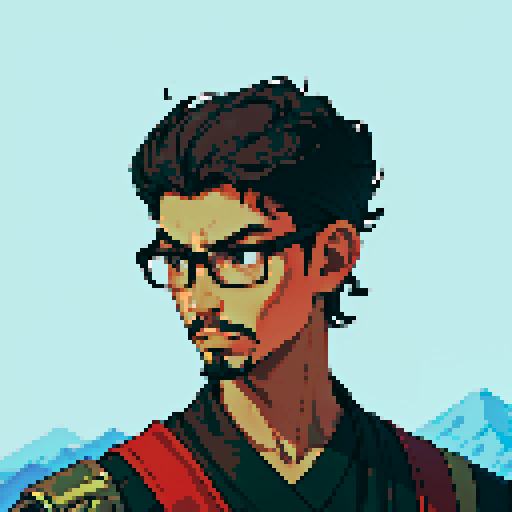 Southeast Asian man, short curly hair, round glasses, tanned, goatee, diamond shaped face, black eyes, age 25, wearing a cloaks