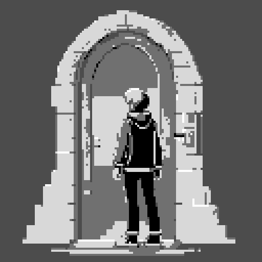 standing figure, vibrant colors, pixelated details, glowing door, luminous aura