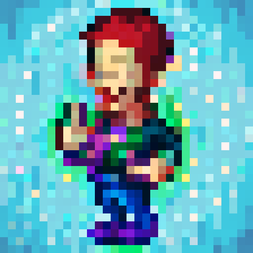 Character with vibrant green hair and glowing yellow eyes, wearing a purple cape and a golden crown, with a mischievous smile and a playful expression, waving their hand in a friendly gesture, against a pixelated background of a fantasy world with floating islands and colorful creatures, reminiscent of a 32x32 pixel art game icon