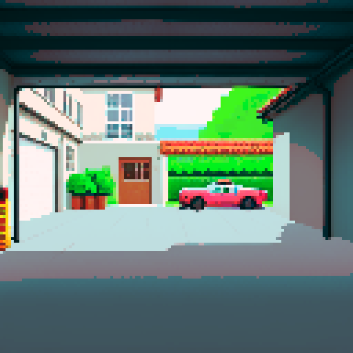 Open garage for cars, grey, asphalt, tools, car parts