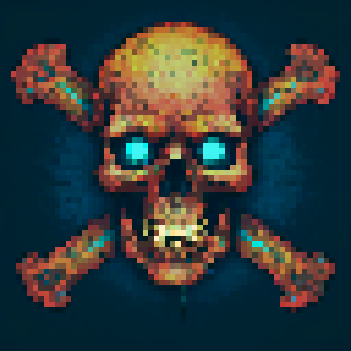 skull and crossbones, pixel art, sRGB, vibrant colors, sharp edges, retro, 8-bit, menacing expression, glowing eyes, jagged teeth, symmetrical design, dark background, dramatic lighting, high contrast, minimal shading