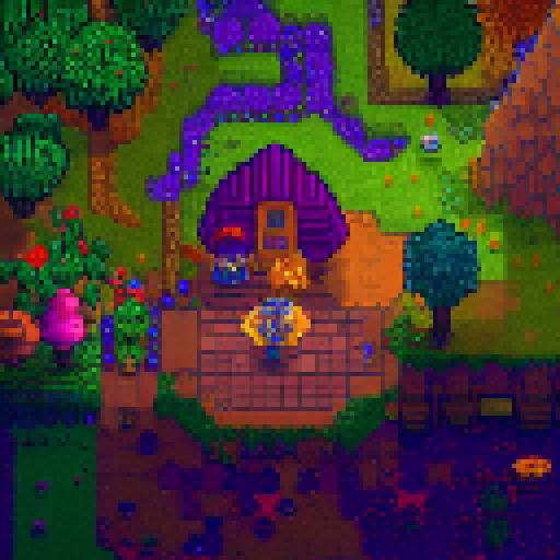 Podcaster in Stardew world, surrounded by whimsical mushrooms, holding a glowing studio microphone, with a loyal dragon companion by their side.