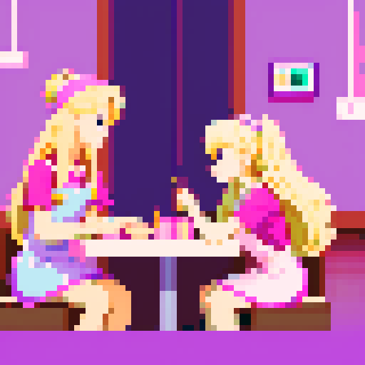 Nail tech with long blonde hair wearing a pink apron and a girl with brown hair wearing a purple dress sitting down facing each other at a table in a nail salon.