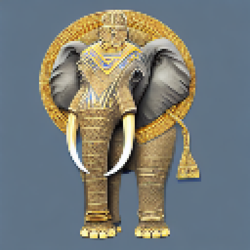 Elephant-headed deity, adorned with gold, looming over pyramids and wielding a spear, in the style of hieroglyphics.