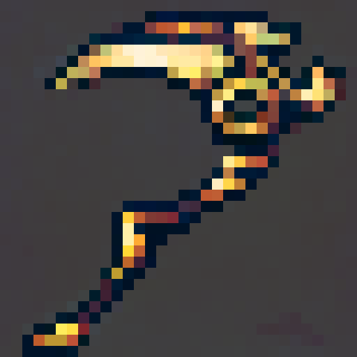 Scythe, black and gold, glowing, modern style, 32x, fantasy RPG-inspired
