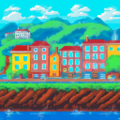 Island port town, have the whole town visable in the image. make it usebale as a tile set for my rpg game. make sure its a lively city. Give it a medival setting. Not rich medival or poor but middle class.