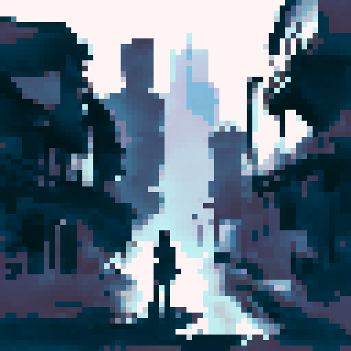 Silhouetted figures sit expectantly before a small stage, a sea of shadows against the glowing backdrop of a city skyline, as the speaker's words ripple through the air, their power amplified by the stark contrast of light and dark.