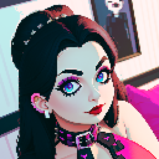 curvy, cute busty goth woman's face, whole head portrait, black hair, purple eyeshadow, red lipstick, low cut leather halter top, studded collar, vibrant sRGB colors, pixel art, NES style