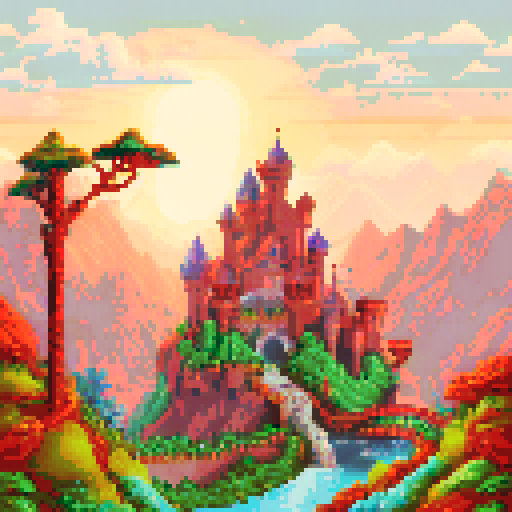 roller coaster, vibrant colors, looping tracks, steep drops, excited riders, towering mountains, lush forests, sparkling lakes, pixelated sky, retro charm, nostalgic vibes, pixel art landscape, sRGB palette, dynamic movement, thrilling twists, adrenaline rush, joyful screams, pixelated trees, detailed scenery, immersive experience, intricate pixel work, vibrant background, dreamlike atmosphere