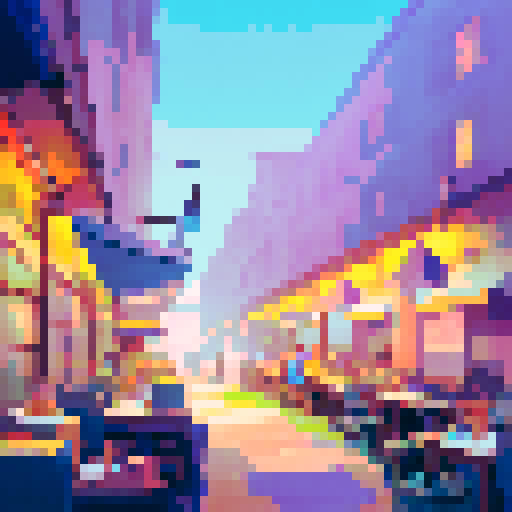 busy city cafe interior, winter cold, crowded tables, steaming cups, baristas brewing coffee, pixel art, sRGB