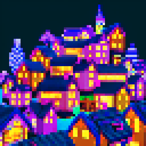 pixelated houses with vibrant rooftops, a mysteriously glitched, black, out-of-place abode, sRGB, pixel art