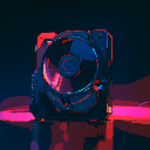 Futuristic hard drive, glowing neon circuitry, metallic casing, pixelated digital display, sRGB color palette, retro pixel art