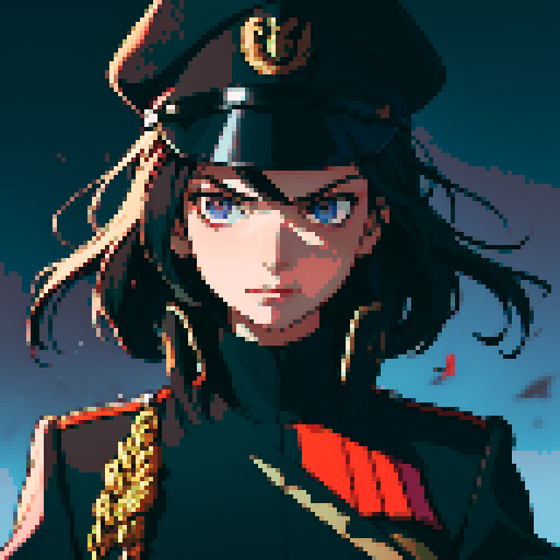 full-body image, military general woman, black uniform, black hat, evil, facing left, ready to fight, war background, battlefield, warfare