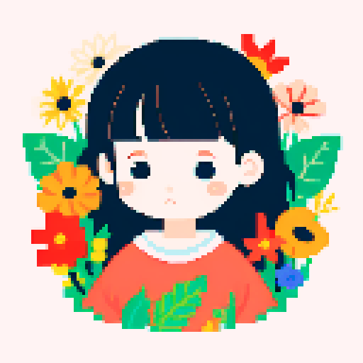 flat, childish illustration with a girl and lots of cats around her, flowers,leaves, abstraction,close-up