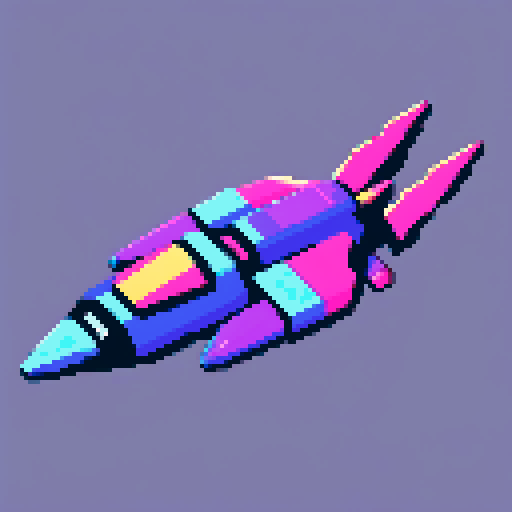 space ship, retro, vibrant colors, blocky pixels, glowing exhaust, starry background, sci-fi aesthetic, sRGB color palette, angular design, pixelated stars, neon lights