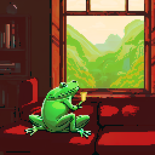 In the cozy ambiance of a dimly lit room, a small, jovial frog perches comfortably upon a plush couch chair, its diminutive size emphasized by the vastness of the furniture. The flickering flames of a nearby fireplace cast a warm glow, enveloping the space in a soft, golden light, creating an atmosphere of comfort and relaxation. With a mug clasped delicately between its tiny webbed fingers, the contented frog takes a sip of steaming coffee, its expression reflecting pure bliss.