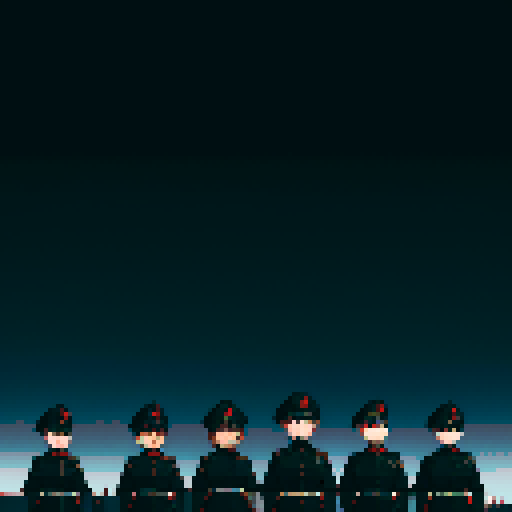 soldiers lined up, black uniforms, black hats, skull masks, lined up, facing camera, full-body image, black fortress, military base, black military building backdrop