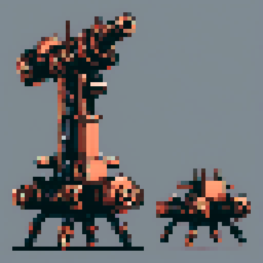 I want a tall vertical copper structure reminiscent of a minigun. It should have strange mechanical details that could interlock with each other. I also want this object usable an asset in a videogame, meaning only one object per image, outlined with a strong black stroke, on a solid-color background.